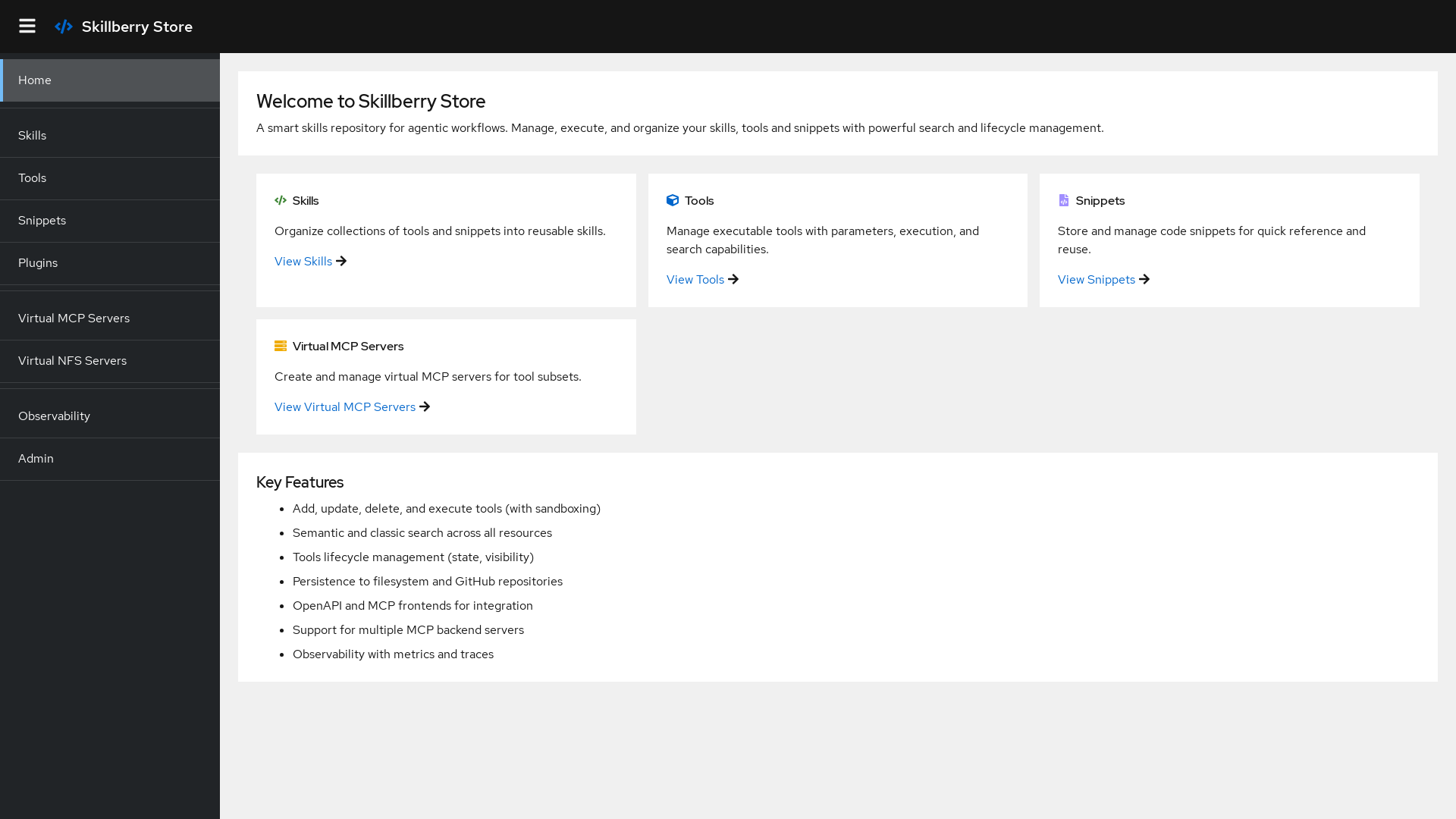 Skillberry Store web UI home