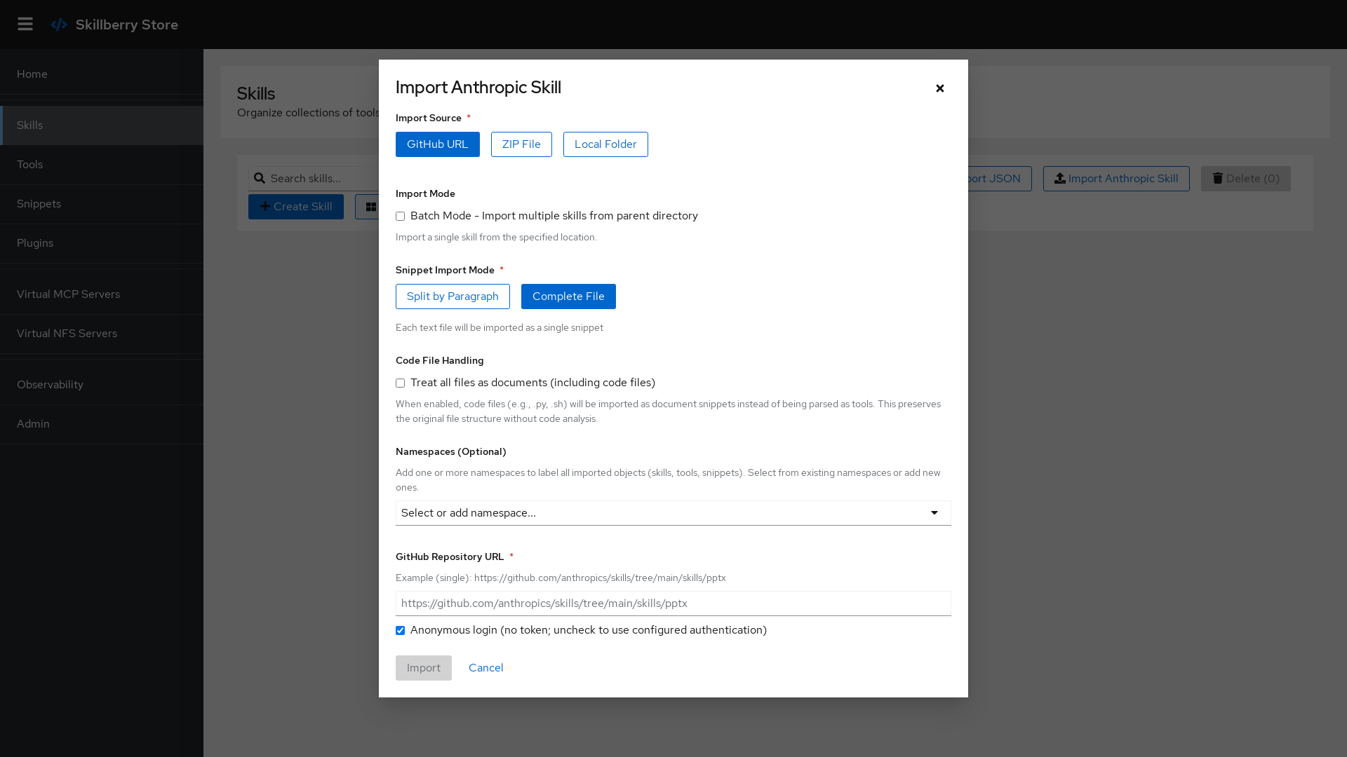 The skill import dialog in the Skillberry Store UI