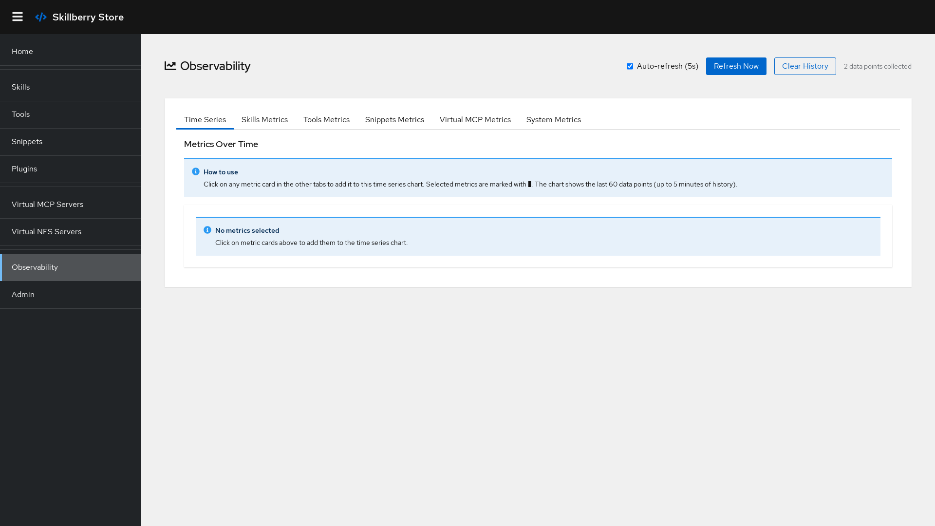 Observability view in the Skillberry Store UI