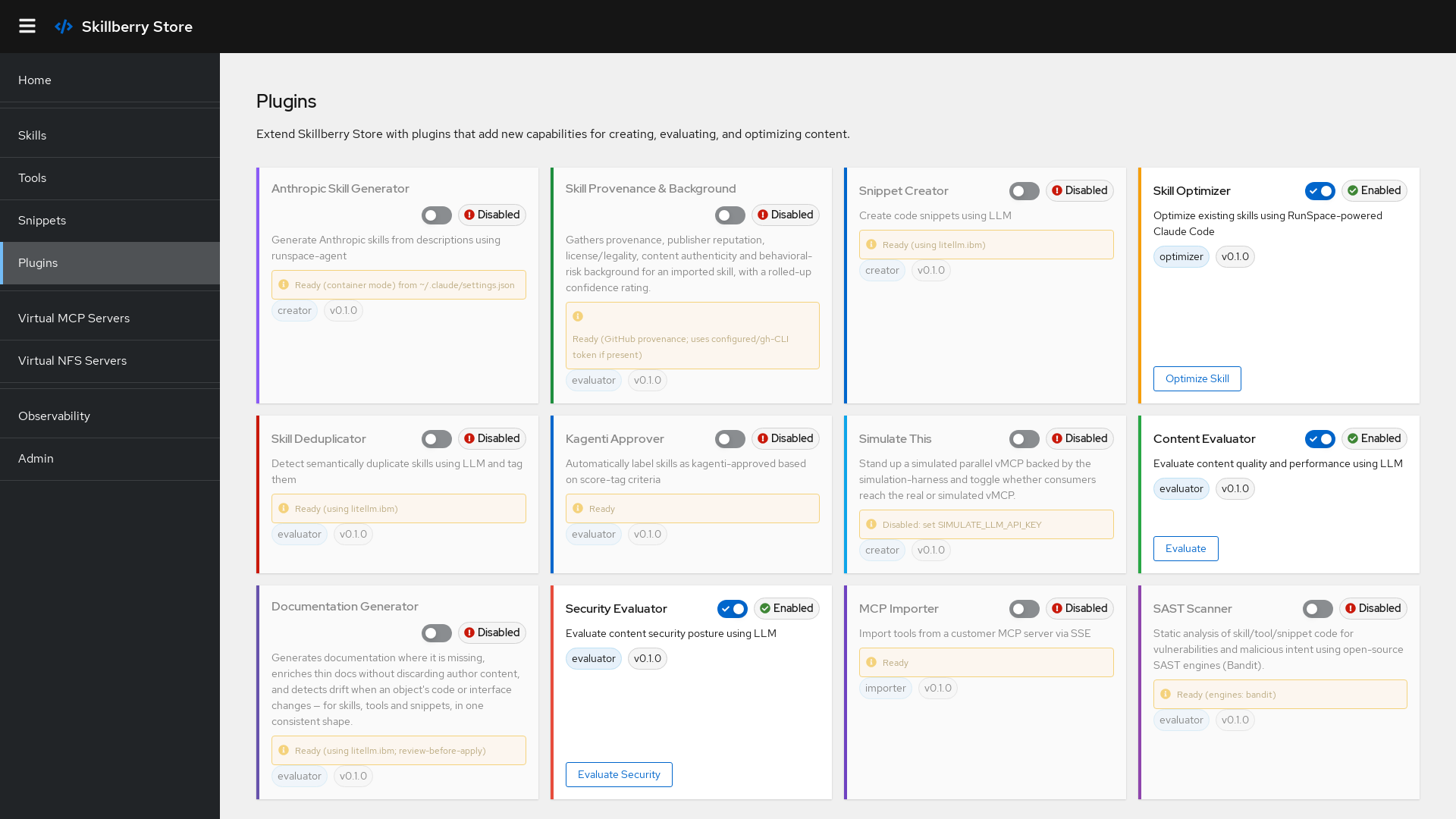 The plugins view in the Skillberry Store UI