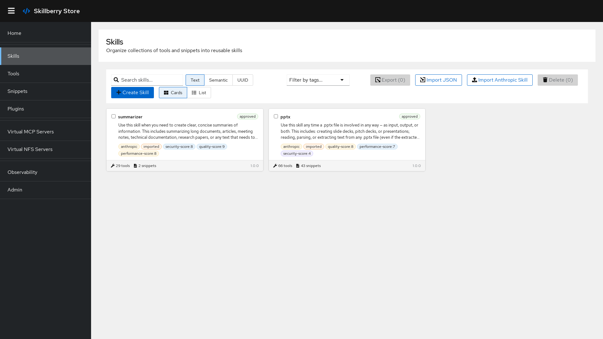 Skillberry Store skills library in the web UI