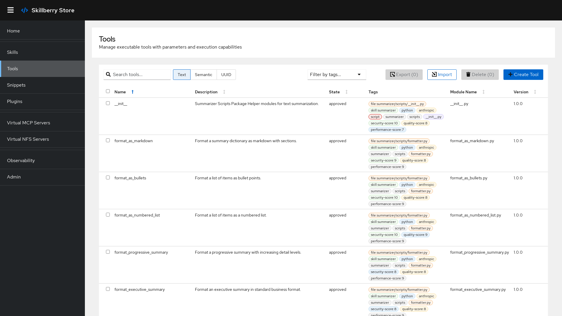 Tools registry with search in the Skillberry Store UI