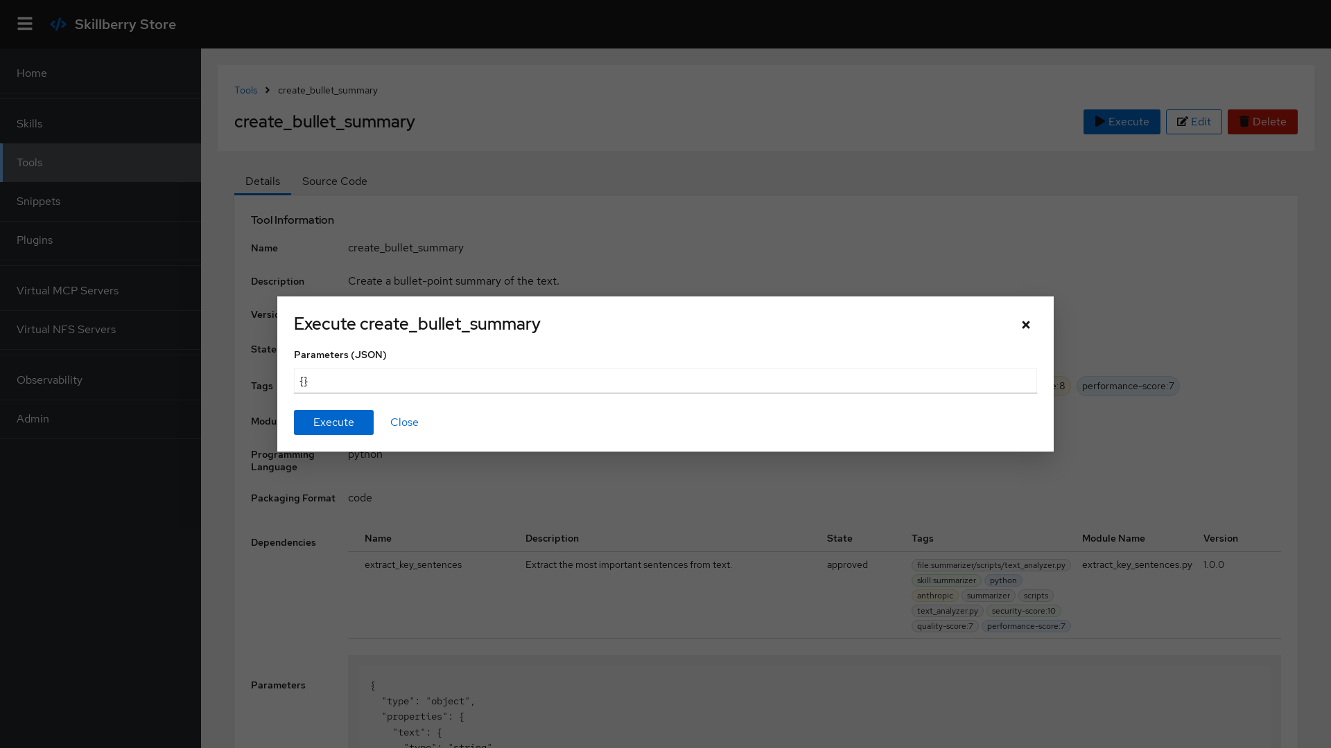 Tool execution dialog in the Skillberry Store UI
